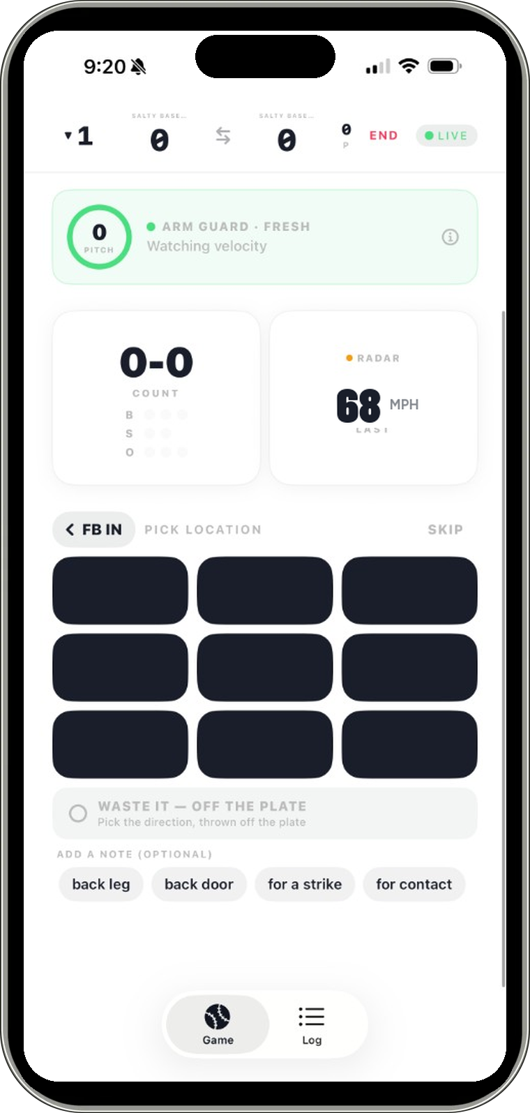 Seam live game screen in an iPhone mockup with Arm Guard, a 68 MPH Pocket Radar reading, and the pitch grid