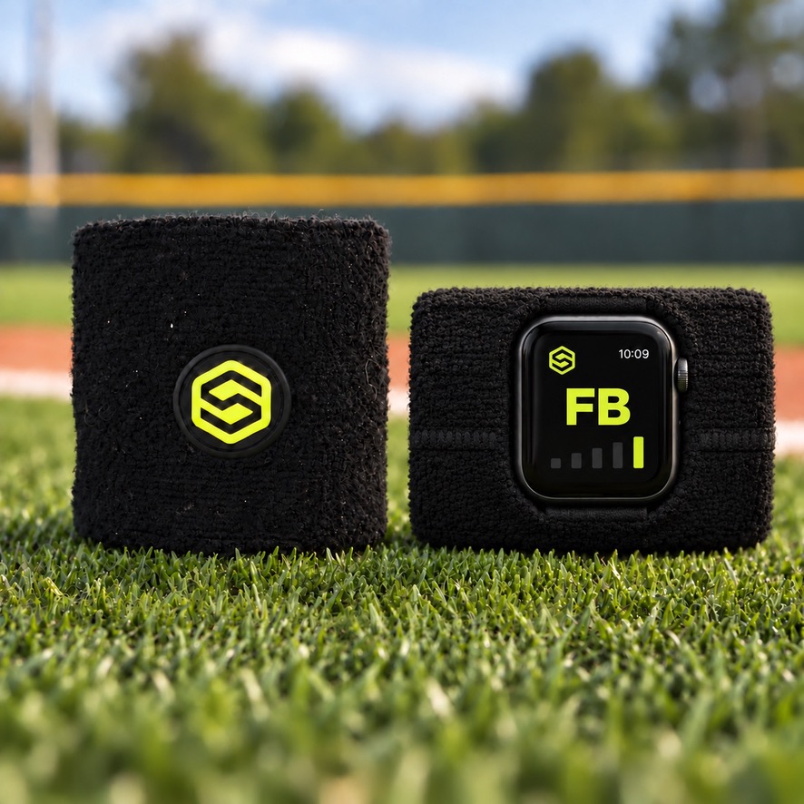 Black Seam wristband on a baseball field, shown closed and with an Apple Watch clipped in displaying an FB call